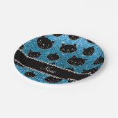 名前をカスタムするスカイブルーグリッターブラックキャット顔 ペーパープレート (アングル)