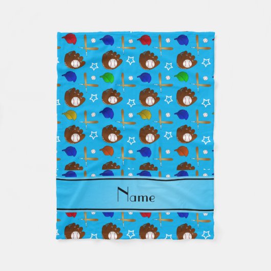 名前をカスタムするスカイブルーベースボールグローブハットボール フリースブランケット (正面)