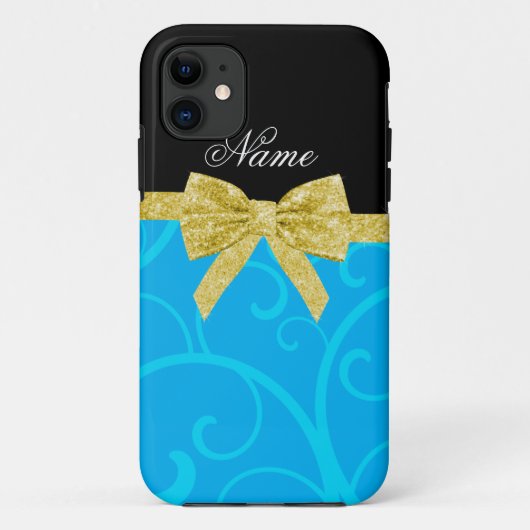 名前をカスタムするスカイブルー渦金ゴールドグリッター弓 Case-Mate iPhoneケース (裏面)
