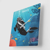 名前をカスタムするスキューバダイバー スクエア壁時計 (傾斜)