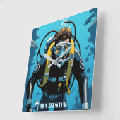 名前をカスタムするスキューバダイバー スクエア壁時計 (傾斜)