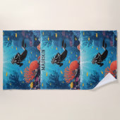 名前をカスタムするスキューバダイバー ビーチタオル (正面)