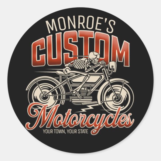 名前をカスタムするスケルトンオートバイサイクルショップ ラウンドシール (正面)