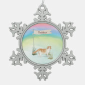 名前をカスタムするスコティッシュフォールドキャットペット スノーフレークピューターオーナメント (正面)