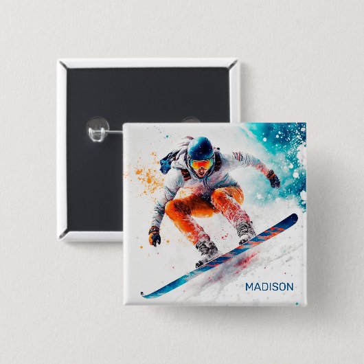 名前をカスタムするスノーボーダーイラストレーション 缶バッジ (正面&裏面)