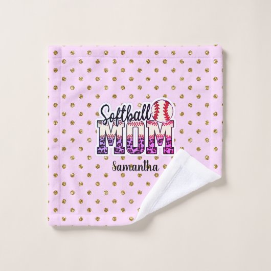 名前をカスタムするソフトボール母 |ピンクと金ゴールドの水玉模様 バスタオルセット (ウォッシュタオル)