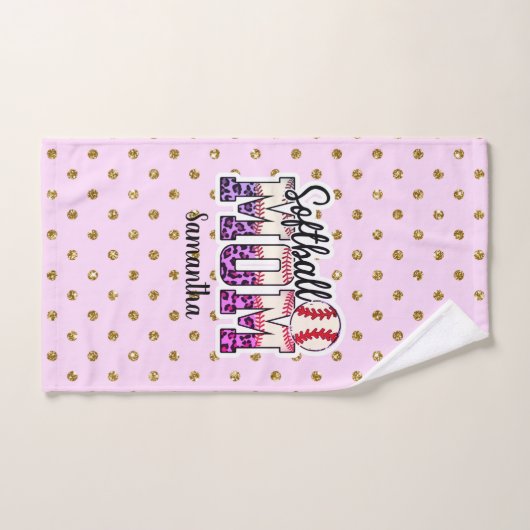 名前をカスタムするソフトボール母 |ピンクと金ゴールドの水玉模様 バスタオルセット (ハンドタオル)
