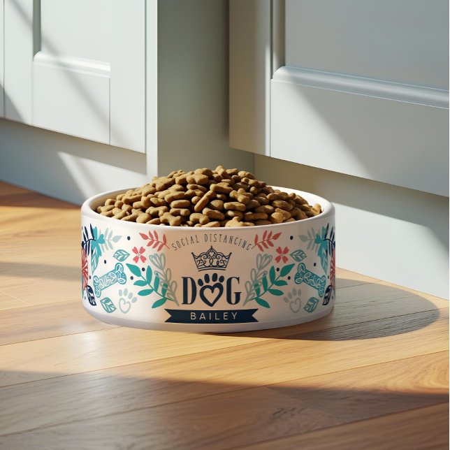 名前をカスタムするソーシャル配布犬とフローラデザイン ボウル (Custom Name Social Distancing Dog & Floral Design Bowl)