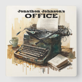 名前をカスタムするタイプライターオフィスの壁時計 スクエア壁時計