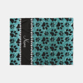 名前をカスタムするターコイズグリッター黒犬の足 フリースブランケット (正面(横))