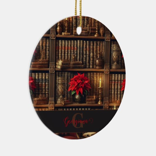 名前をカスタムするダークアカデミアポインセチア本棚 セラミックオーナメント (右)
