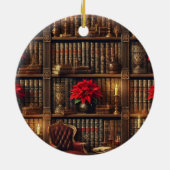 名前をカスタムするダークアカデミアポインセチア本棚 セラミックオーナメント (裏面)