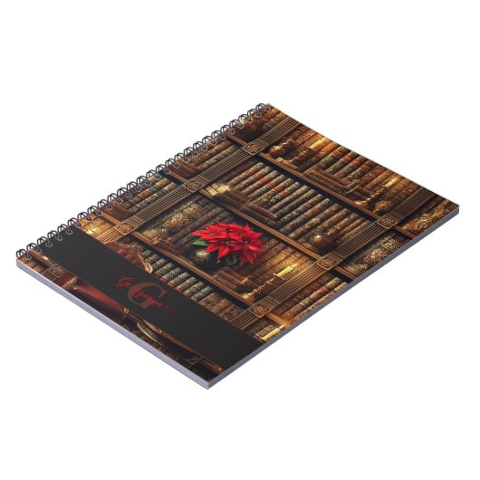 名前をカスタムするダークアカデミアポインセチア本棚 ノートブック (左側)