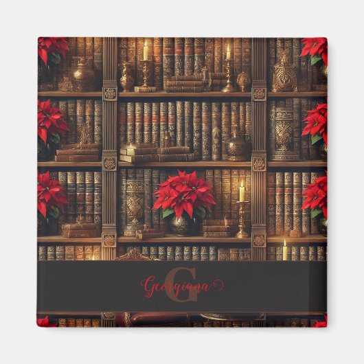 名前をカスタムするダークアカデミアポインセチア本棚 マグネット (正面)