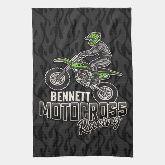名前をカスタムするダートバイクライダーモトクロスレーシング キッチンタオル (縦)