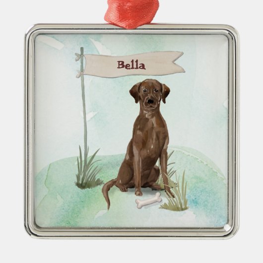 名前をカスタムするチョコレートラボペットドッグ メタルオーナメント (正面)