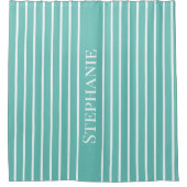 名前をカスタムするティール(緑がかった色)ホワイトストライプパターン シャワーカーテン (正面)