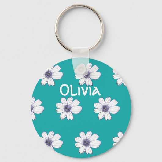 名前をカスタムするティール(緑がかった色)花柄ボタンキーリング キーホルダー (正面)