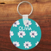 名前をカスタムするティール(緑がかった色)花柄ボタンキーリング キーホルダー (正面)