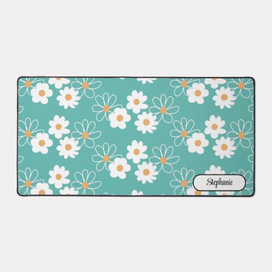 名前をカスタムするデイジーパターンターコイズ デスクマット (正面)