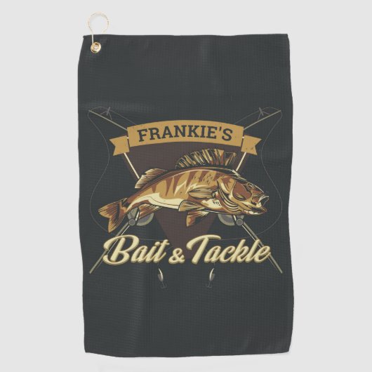 名前をカスタムするトロフィー魚釣りアングラーベイトタックルショップ ゴルフタオル (正面)