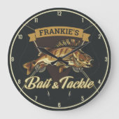 名前をカスタムするトロフィー魚釣りアングラーベイトタックルショップ ラージ壁時計 (正面)