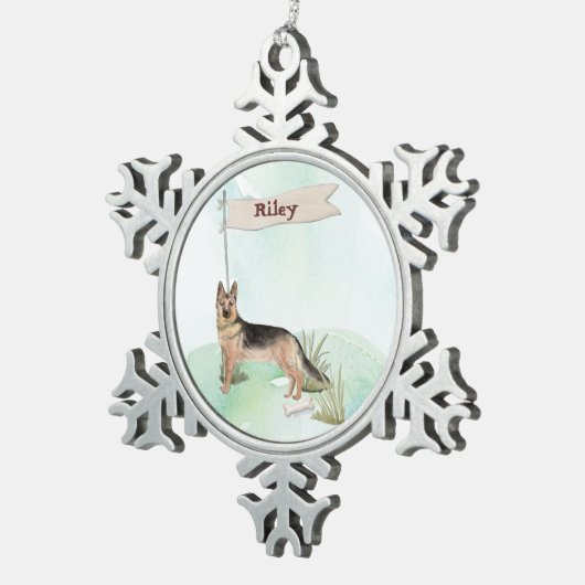 名前をカスタムするドイツシェパードペットドッグ スノーフレークピューターオーナメント (右)