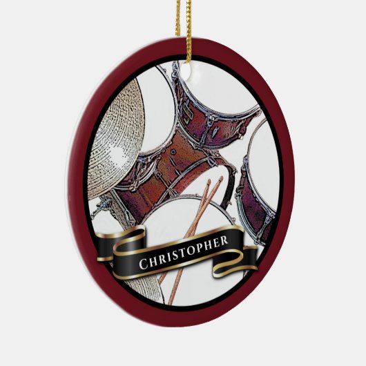 名前をカスタムするドラマー少年クリスマスドラムホリデイ セラミックオーナメント (右)