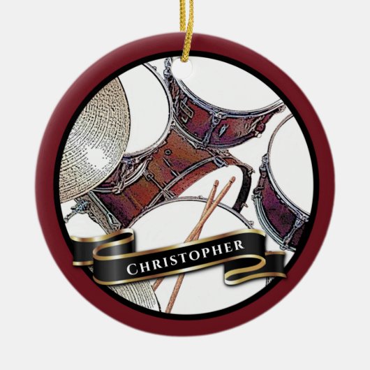 名前をカスタムするドラマー少年クリスマスドラムホリデイ セラミックオーナメント (正面)