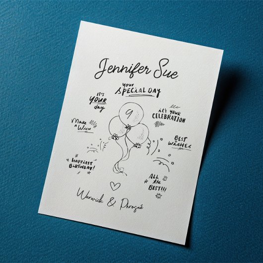 名前をカスタムするドードルモダンバルーン誕生日カード 招待状