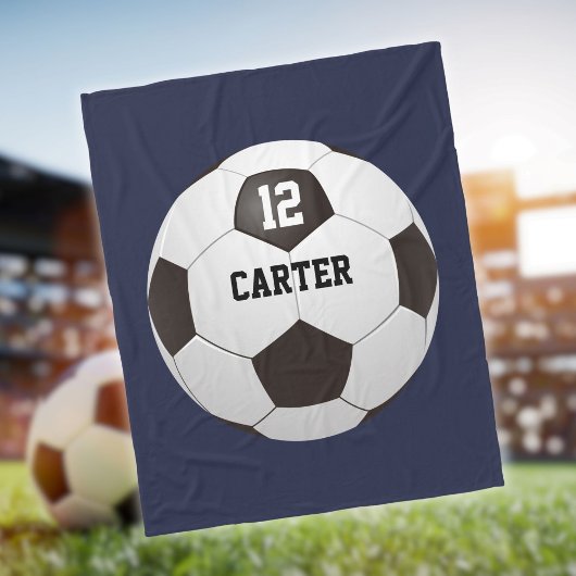 名前をカスタムするナンバーサッカーボールブルー フリースブランケット
