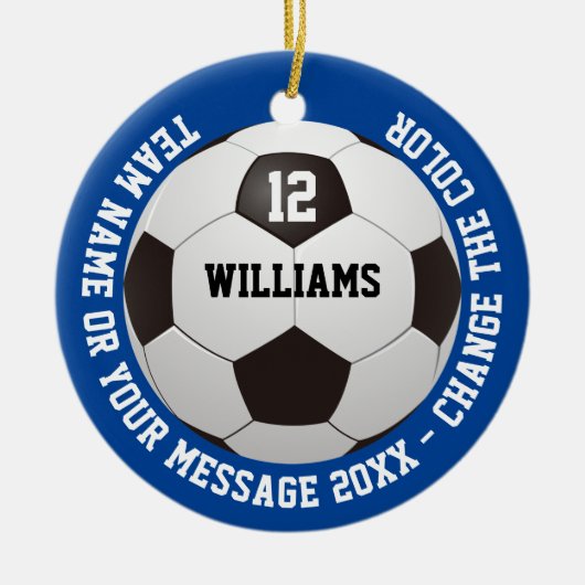 名前をカスタムするナンバーチーム名サッカーボール セラミックオーナメント (正面)