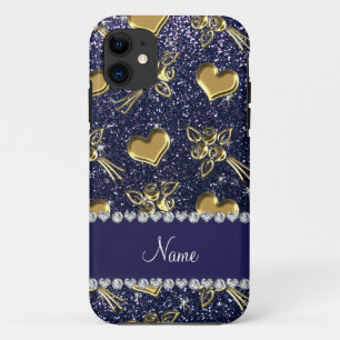 名前をカスタムするネイビーブルーグリッター金ゴールドバラハート iPhone 11 ケース