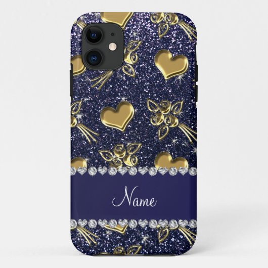 名前をカスタムするネイビーブルーグリッター金ゴールドバラハート Case-Mate iPhoneケース (裏面)