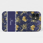 名前をカスタムするネイビーブルーグリッター金ゴールドバラハート Case-Mate iPhoneケース (裏面(横))