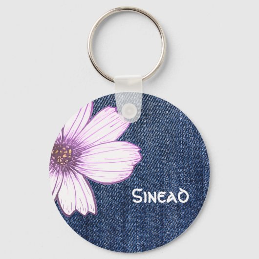 名前をカスタムするネイビー花柄ボタンキーリング キーホルダー (正面)