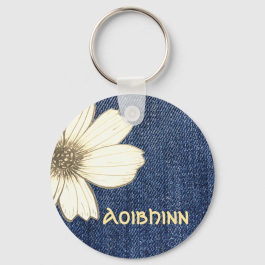 名前をカスタムするネイビー花柄ボタンキーリング キーホルダー (正面)