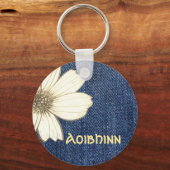 名前をカスタムするネイビー花柄ボタンキーリング キーホルダー (正面)