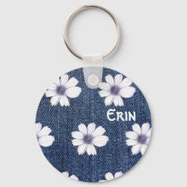 名前をカスタムするネイビー花柄ボタンキーリング キーホルダー