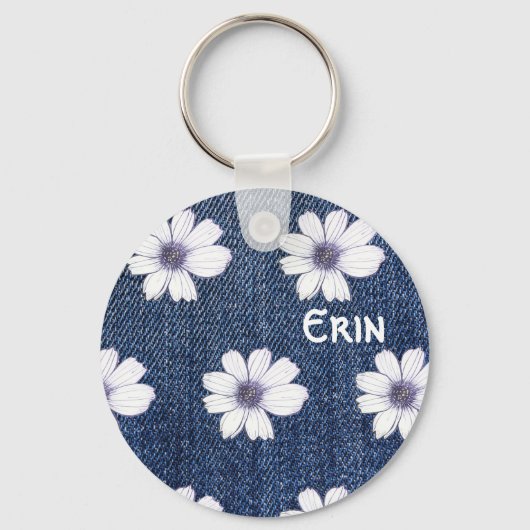名前をカスタムするネイビー花柄ボタンキーリング キーホルダー (正面)