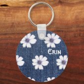 名前をカスタムするネイビー花柄ボタンキーリング キーホルダー (正面)