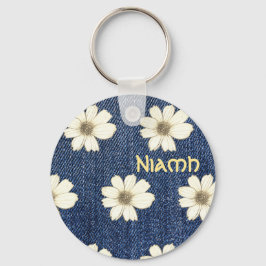 名前をカスタムするネイビー花柄ボタンキーリング キーホルダー