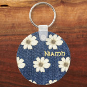 名前をカスタムするネイビー花柄ボタンキーリング キーホルダー (正面)
