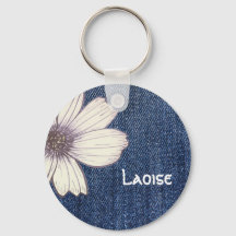 名前をカスタムするネイビー花柄ボタンキーリング