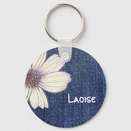 名前をカスタムするネイビー花柄ボタンキーリング キーホルダー (正面)