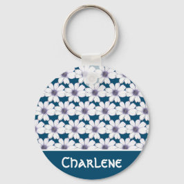 名前をカスタムするネイビー花柄ボタンキーリング キーホルダー