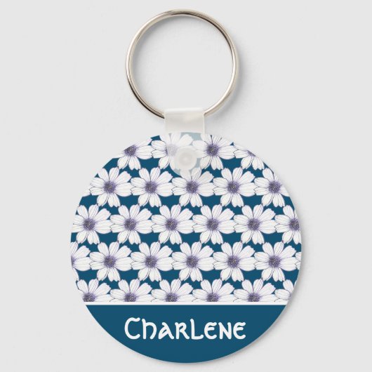 名前をカスタムするネイビー花柄ボタンキーリング キーホルダー (正面)