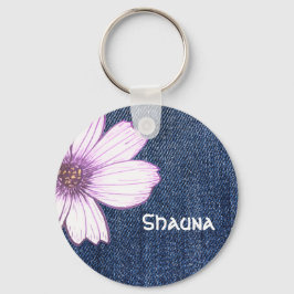 名前をカスタムするネイビー花柄ボタンキーリング キーホルダー
