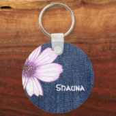 名前をカスタムするネイビー花柄ボタンキーリング キーホルダー (正面)