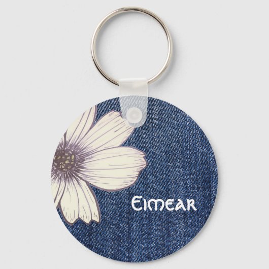 名前をカスタムするネイビー花柄ボタンキーリング キーホルダー (正面)